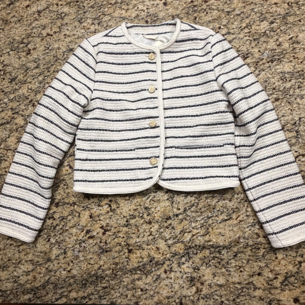NEW Abercrombie & Fitch Striped Tweed Lady Jacket Gold Button Cream Navy M ws
